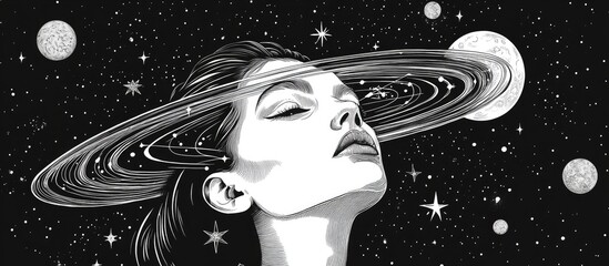 Wall Mural - Surreal tattoo art featuring a woman immersed in the universe A symbol of magic esotericism and astrology designed for t shirts in black and white 2d graphics