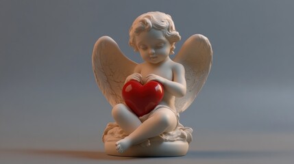 A porcelain cherub angel statue holding a red heart on a gray background.