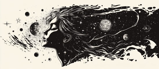 Wall Mural - Surreal tattoo and t shirt design featuring a mystical woman immersed in the universe symbolizing magic poetry esotericism and astrology