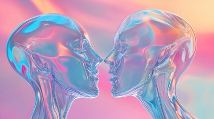 Abstract 3D rendering of two transparent glass figures intersecting set against a colorful vaporwave inspired background