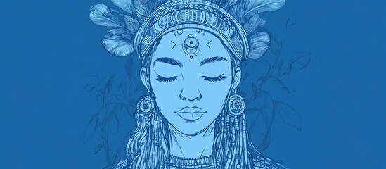 Mystical shamanic girl set against a blue backdrop 2d hand drawn illustration of a surreal tribal ethnic woman in a coloring book cartoon doodle style