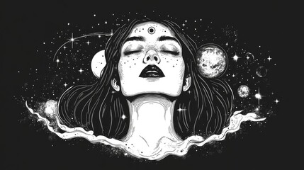 Wall Mural - Surreal tattoo art featuring a woman immersed in the universe symbolizing magic esotericism and astrology Black and white 2d graphic design for t shirts