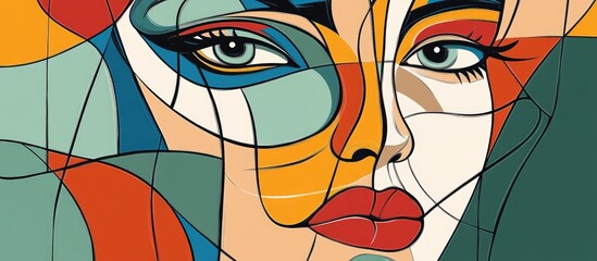 Wall Mural - Abstract one line drawing of a face Surrealistic cubism style featuring contemporary elements isolated against a background Hand drawn 2d illustration