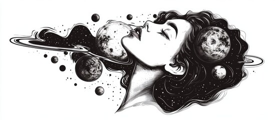 Wall Mural - Hand drawn 2d illustration of a woman with planets featuring surreal tattoo art Ideal for cards posters banners prints for apparel pins badges and patches