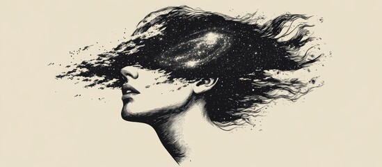 Wall Mural - Surreal tattoo and t shirt design featuring a mystical woman immersed in the universe symbolizing magic poetry esotericism and astrology