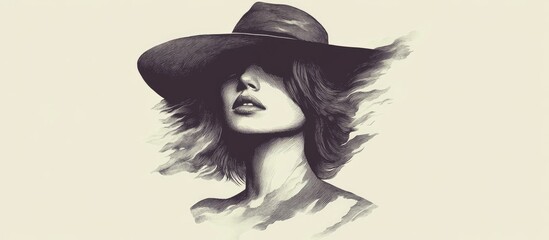 Surreal monochrome illustration of a woman wearing a hat featuring an abstract hand drawn style suitable for posters cards stickers and decorative purposes