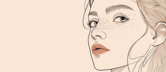 Wall Mural - Abstract line drawing of a young woman s face featuring blush and freckles Minimalistic and surrealistic style in modern continuous line art