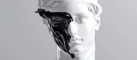 3D rendering of a white marble classical male bust with an abstract black liquid reflection face piece set against a light grey background