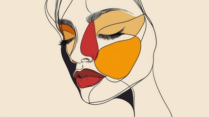 Wall Mural - Abstract Modern Art Featuring a Minimalist One Line Face Simple Design Suitable for Posters Cards Flyers and Logos Hand Drawn Doodle Illustration in Trendy Cubism Style Surreal Portrait of a Woman