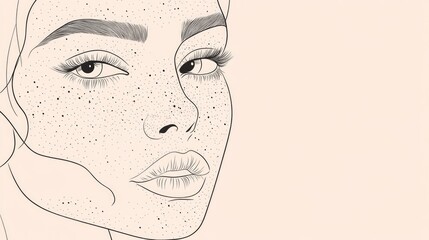 Wall Mural - Abstract line drawing of a young woman s face featuring blush and freckles Minimalist style with surreal elements in modern continuous line art