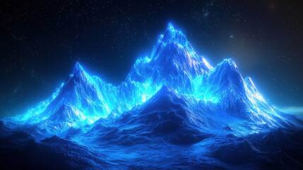 Wall Mural - A stunning abstract representation of glowing mountain peaks illuminated in neon blue, set against starry night sky. vibrant colors and intricate details evoke sense of wonder and tranquility