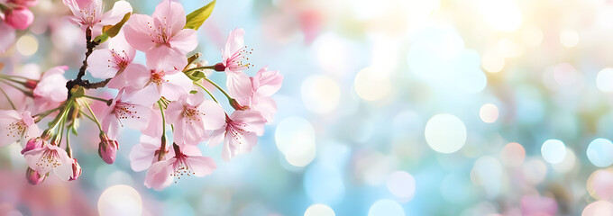 Poster - Pink cherry tree blossom flowers blooming in springtime against a natural sunny blurred garden banner background of blue and white bokeh.