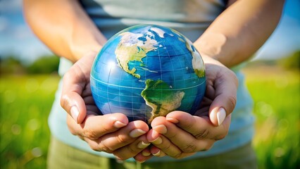 two hands gently holding a small globe, symbolizing environmental care and responsibility with a foc