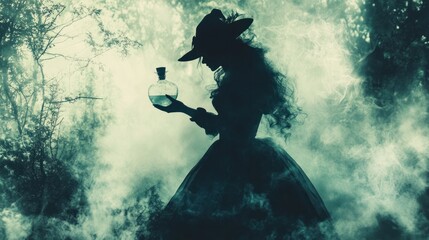 abstract montage artistic collage of a woman dressed as a black witch holding a glass of potion over