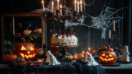 Chic and exquisite table décor for a Halloween party. Handmade cake, meringue ghosts, and a handmade jack-o'-lantern with a candle burning in an antique chandelier. aged wooden furniture with a dark b