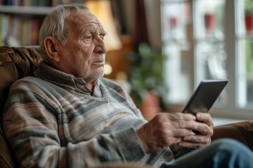 Elderly man reading on digital tablet at home