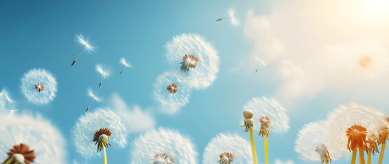 Dandelion weed seeds blowing across a sunny summer blue sky background.