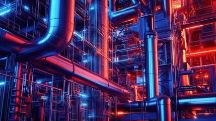 Wall Mural - A close-up view of a futuristic industrial complex with glowing blue and red lights.