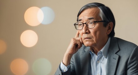 Canvas Print - Worried elderly Asian accountant with glasses looking concerned against a light beige background