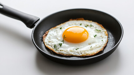 A perfectly fried sunny-side up egg garnished with fresh herbs in a black non-stick frying pan against a white background.