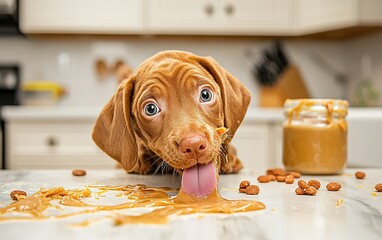 Playful puppy enjoying peanut butter on a kitchen countertop with scattered dog treats during a sunny afternoon