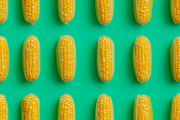 Background of corn arranged in rows on a bright green background