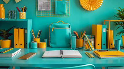 Modern desk with colorful stationery, folders and accessories in turquoise and yellow tones, with open notepad, backpack and plant creating a bright and productive workspace