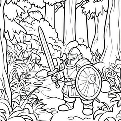 A brave knight on a quest, coloring page for kids, simple outline illustration. Coloring book, simple lines.