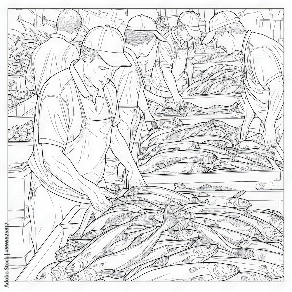 A busy fish market with colorful catches, coloring page for kids ...