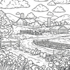 Sticker - A bustling farm with animals and crops, coloring page for kids, simple outline illustration. Coloring book, simple lines.