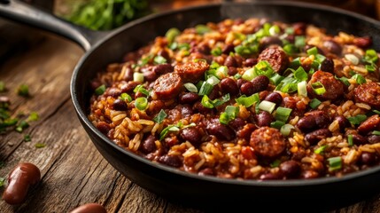 A hot skillet filled with red beans, rice, and flavorful smoked sausage is garnished with fresh green onions on a rustic wooden table. The dish is ready to be enjoyed