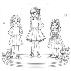 A fashion show with stylish outfits, coloring page for kids, simple outline illustration. Coloring book, simple lines.