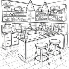 Sticker - A fun science lab with experiments, coloring page for kids, simple outline illustration. Coloring book, simple lines.