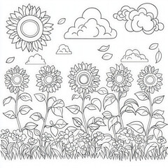 Sticker - A lovely day at a sunflower field, coloring page for kids, simple outline illustration. Coloring book, simple lines.