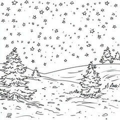 Wall Mural - A peaceful snowy night with twinkling stars, coloring page for kids, simple outline illustration. Coloring book, simple lines.