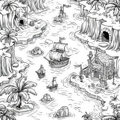 Wall Mural - A pirate treasure map with hidden locations, coloring page for kids, simple outline illustration. Coloring book, simple lines.