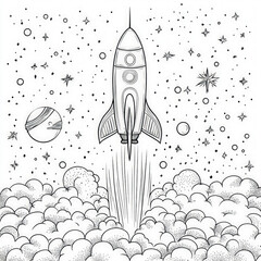 Poster - A rocket ship flying through outer space, coloring page for kids, simple outline illustration. Coloring book, simple lines.