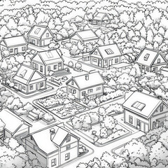 Sticker - A traditional village with cottages and gardens, coloring page for kids, simple outline illustration. Coloring book, simple lines.