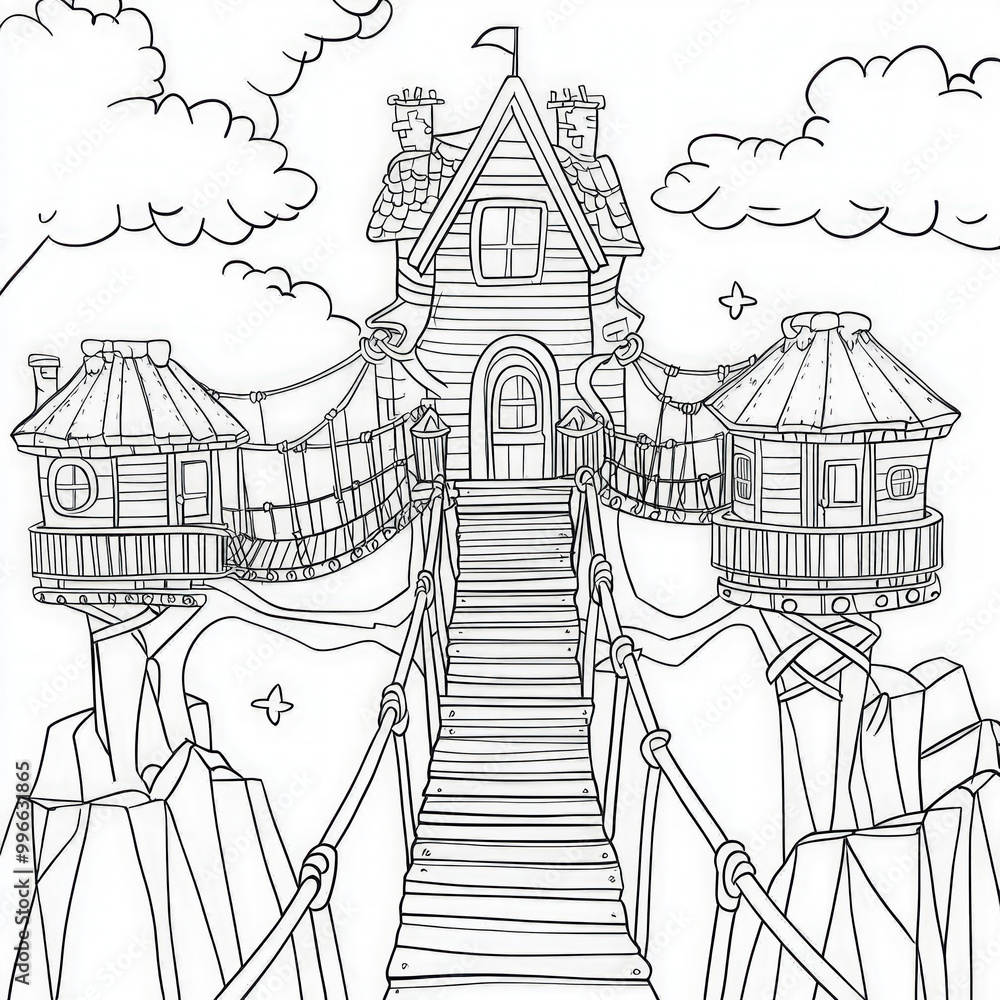 A whimsical treehouse connected by rope bridges, coloring page for kids ...