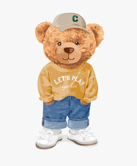 cute brown bear in yellow sweater and blue jeans vector illustration