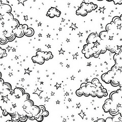 Sticker - An imaginative dreamscape with stars and clouds, coloring page for kids, simple outline illustration. Coloring book, simple lines.