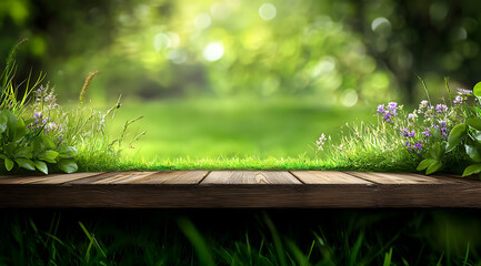 Wall Mural - A wooden table product display with lush green garden background of grass and blurred foliage.