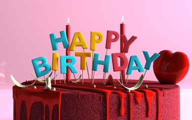 Wall Mural - Happy birthday cake. Concept of Happy Birthday, isolated on pink background	
