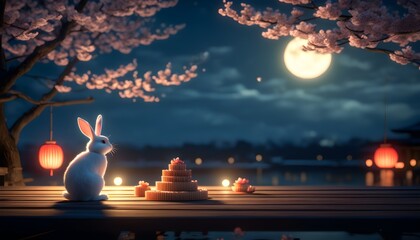 Wall Mural - Whimsical scene of a white rabbit on a wooden deck, enchanted full moon above, surrounded by a three-tiered cake and a distant red lantern