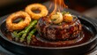 © milanchikov - Bistec flambeado servido con espárragos asados y aros de cebolla crujientes, en una sartén de hierro caliente, con llamas visibles en la parte superior del filete.