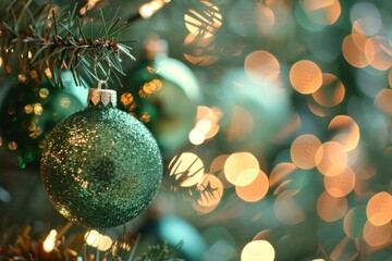 Wall Mural - sparkling green christmas ornament with bokeh