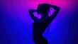 © h4kunA - Silhouette of a woman in blue and pink neon light.