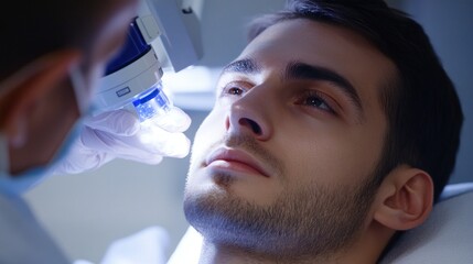 Canvas Print - A man receiving a skincare treatment in a clinical setting.