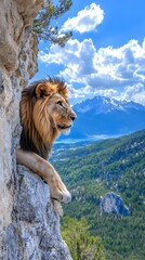 Wall Mural - Isolated Lion on Top of Mountain Ridge, Photo Realistic, Pattern Background, Wallpaper, Cover and Screen for Smartphone, PC, Laptop, 9:16 and 16:9 Format