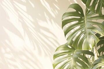 Sticker - A wall with monstera leaves and shadows nature plant leaf.